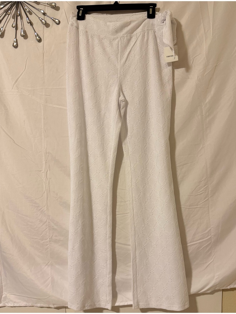 Dressy White Eyelet Straight Pants Side Tie Swim Beach Large NWT